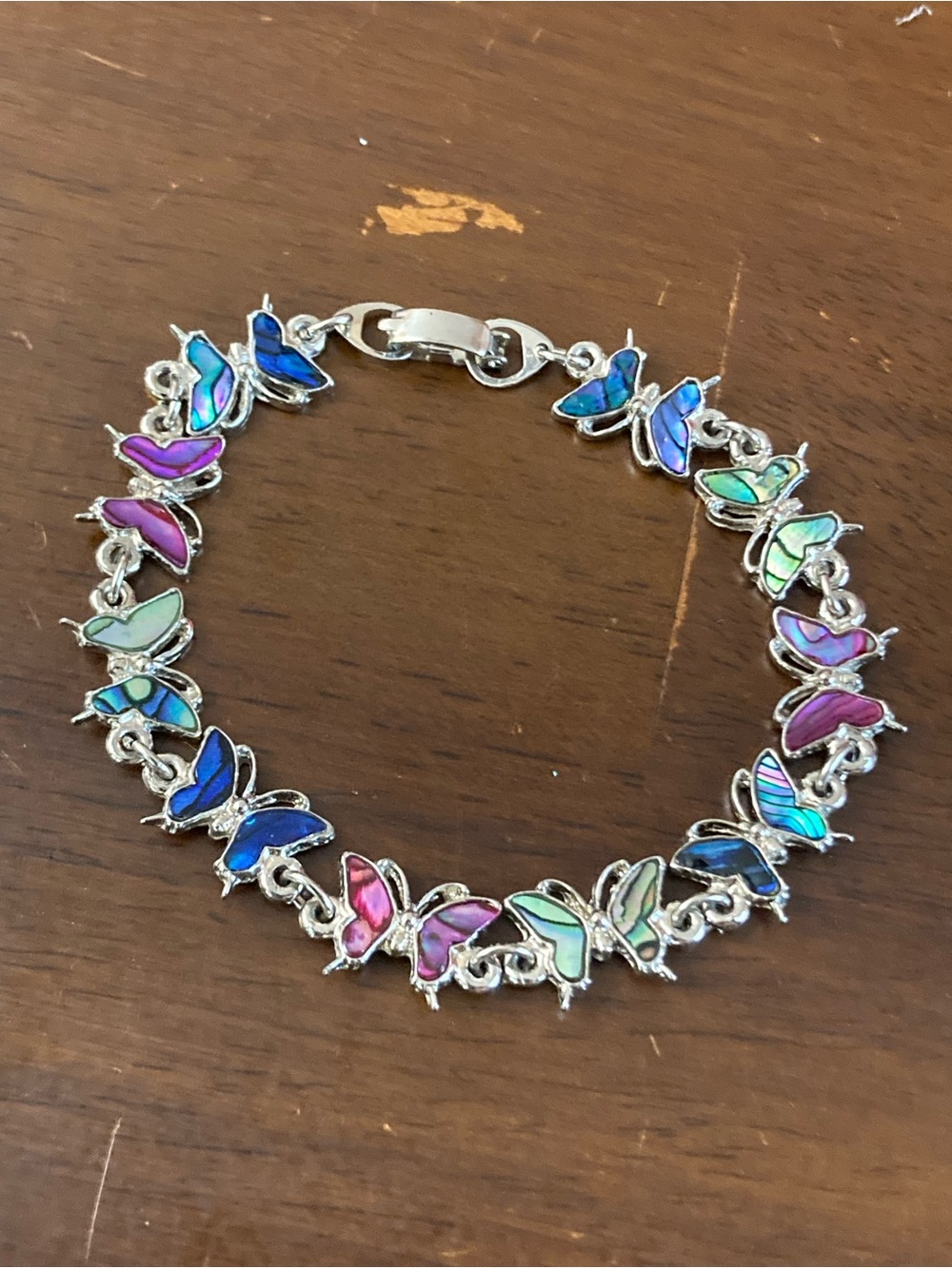 Multicolor Abalone Paua Shell Butterfly Link Bracelet Silver Tone